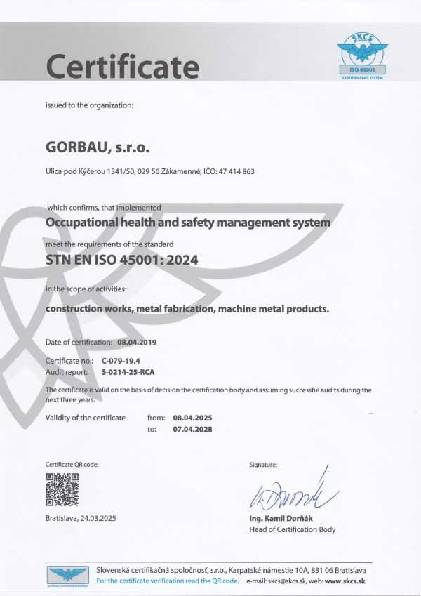 Certifikát Occupational health and safety management system