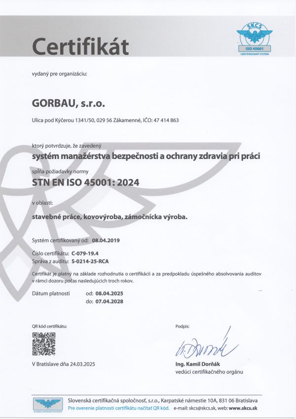 Certifikát systém manažérstva bezpečnosti a ochrany zdravia pri práci